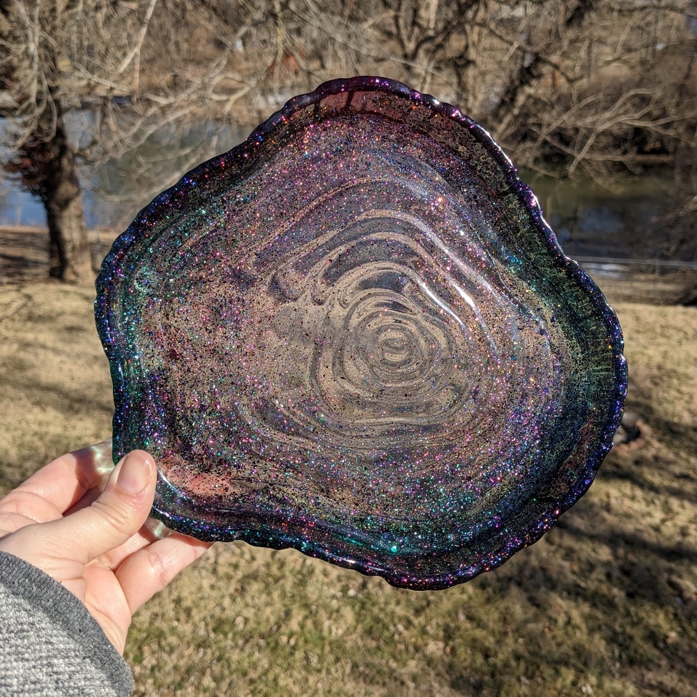 Sparkly Geode Tray Large Handmade Resin Holographic Crystals Holder